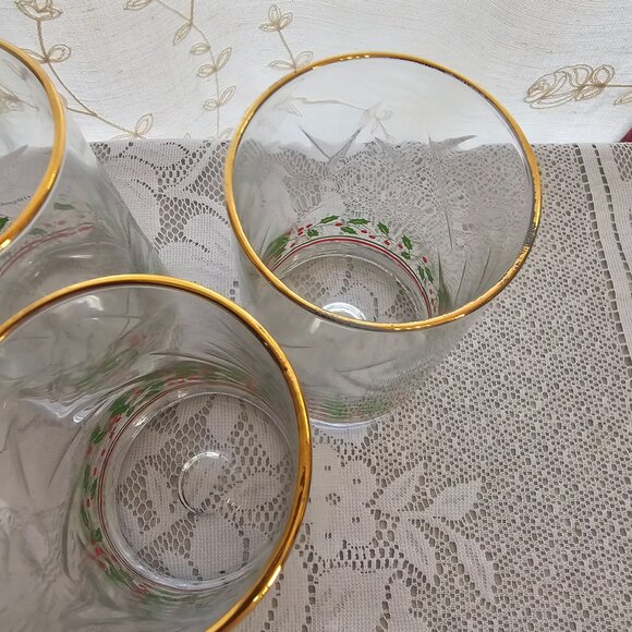 3 Arbys Christmas Holly Berry Ice Tea Glasses 5-1/4" gold rim green red 1980s - Picture 4 of 9